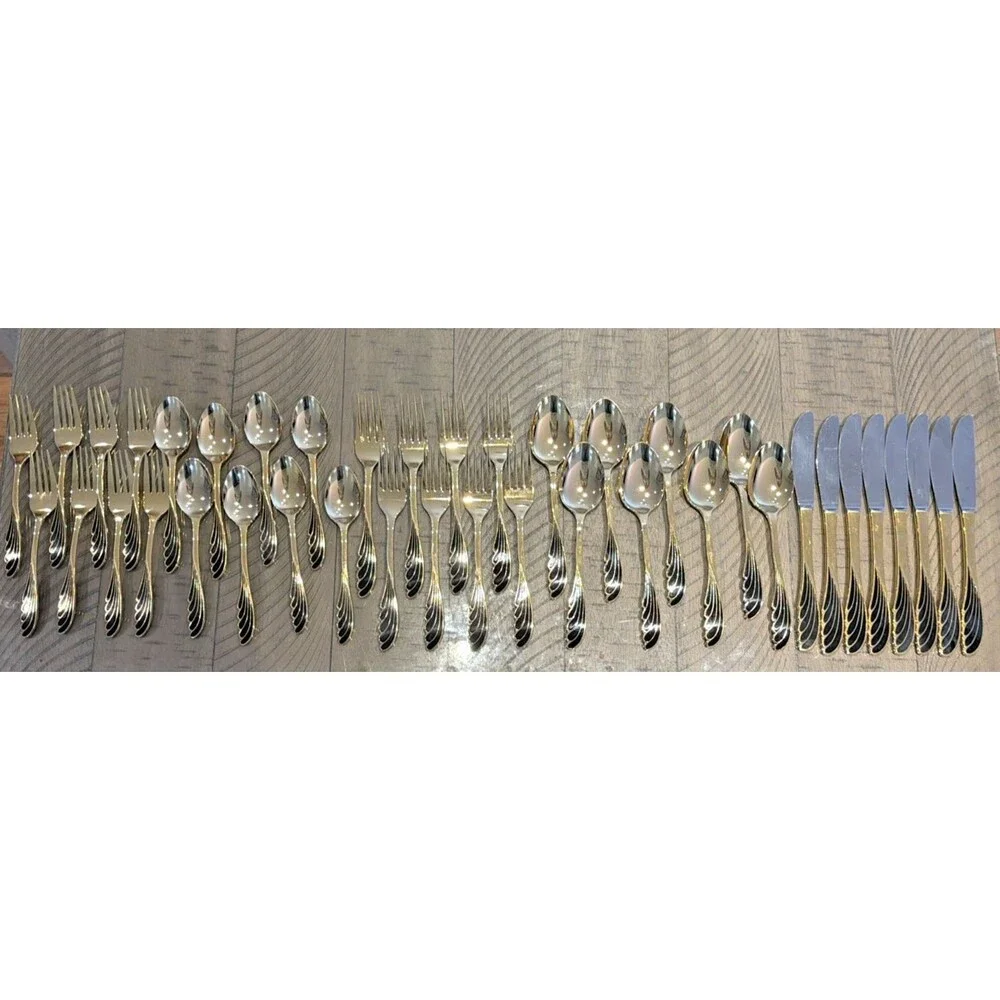 vtg Ranmaru Wave Golden silverware flatware cutlery Black gold knife spoon Fork